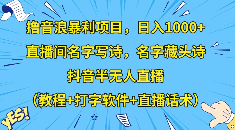 撸音浪暴利项目，日入1000+，直播间名字写诗，名字藏头诗，抖音半无人直播（教程+打字软件+直播话术）【揭秘】_泡桐学堂