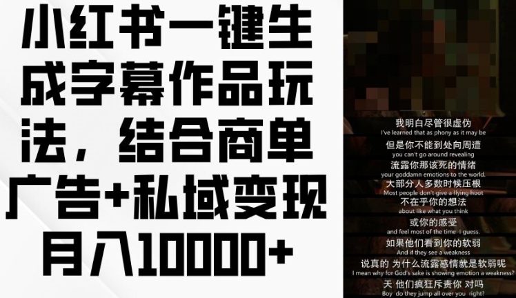 小红书一键生成字幕作品玩法，结合商单广告+私域变现月入1w+【揭秘】_泡桐学堂