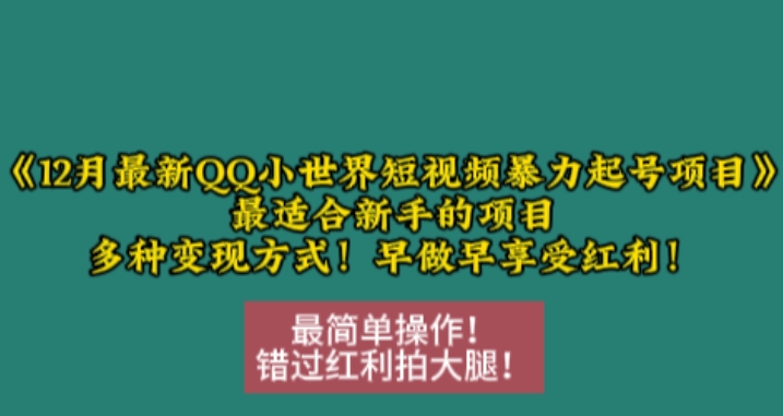 12月最新QQ小世界短视频暴力起号项目，最适合新手的项目，多种变现方式_泡桐学堂
