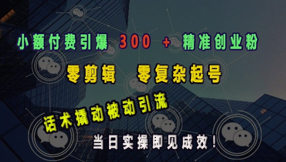小额付费引爆 300 + 精准创业粉，零剪辑、零复杂起号，话术撬动被动引流，当日实操即见成效_泡桐学堂