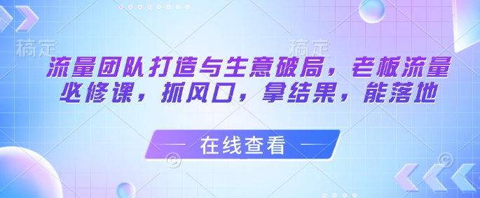 流量团队打造与生意破局，老板流量必修课，抓风口，拿结果，能落地_泡桐学堂