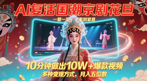AI复活国潮京剧花旦，一颦一笑美到窒息，10分钟做出10W+爆款视频，多种变现方式，月入五位数_泡桐学堂