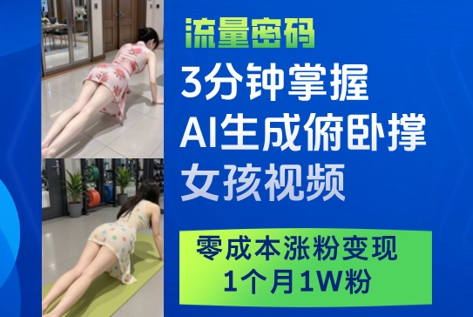 3分钟掌握AI生成俯卧撑女孩视频，零成本涨粉变现，1个月1W粉_泡桐学堂