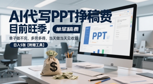 AI代写PPT挣稿费，目前旺季，单子做不完，多劳多得，当天做当天见收益，日入5张【附赠工具】_泡桐学堂