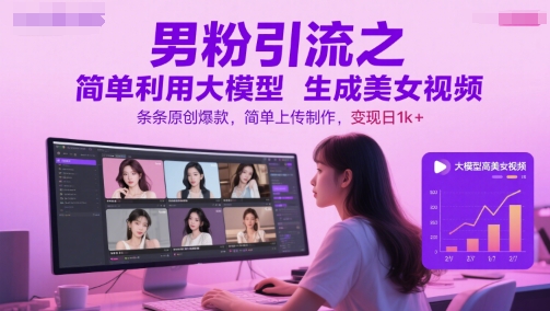 男粉引流之简单利用大模型生成美女视频，条条原创爆款，简单上传制作，变现日1k+_泡桐学堂