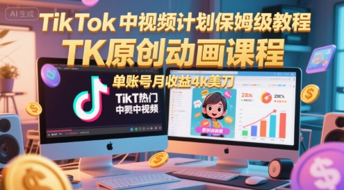 TikTok中视频计划保姆级教程，TK原创动画课程，单账号月收益4k美刀_泡桐学堂