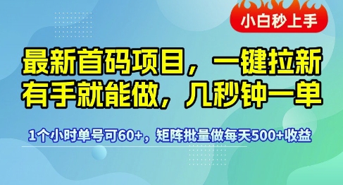 最新首码项目，一键拉新有手就能做，几秒钟一单，1个小时单号可60+，矩阵批量做每天5张【揭秘】_泡桐学堂