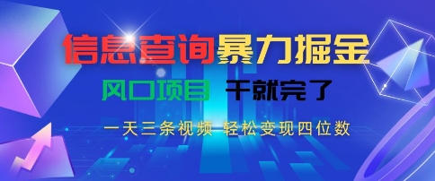 信息查询暴力掘金，一天三条视频，轻松变现四位数，风口项目干就完了【揭秘】_泡桐学堂
