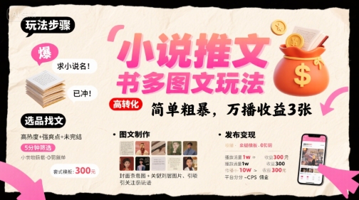 小说推文小红书多图文玩法，简单粗暴，万播收益3张_泡桐学堂